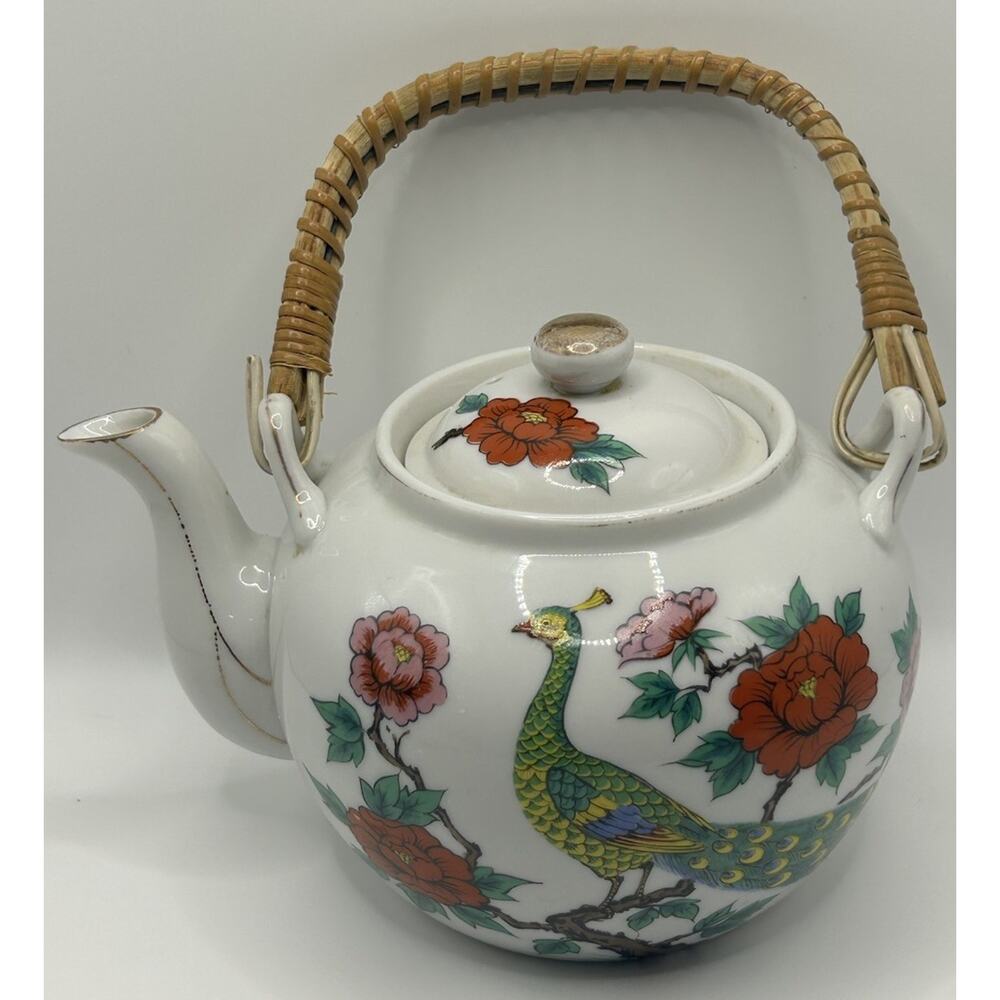 Vintage Peacock Floral Design Teapot w Lid Gold Rim Bamboo Handle Japan